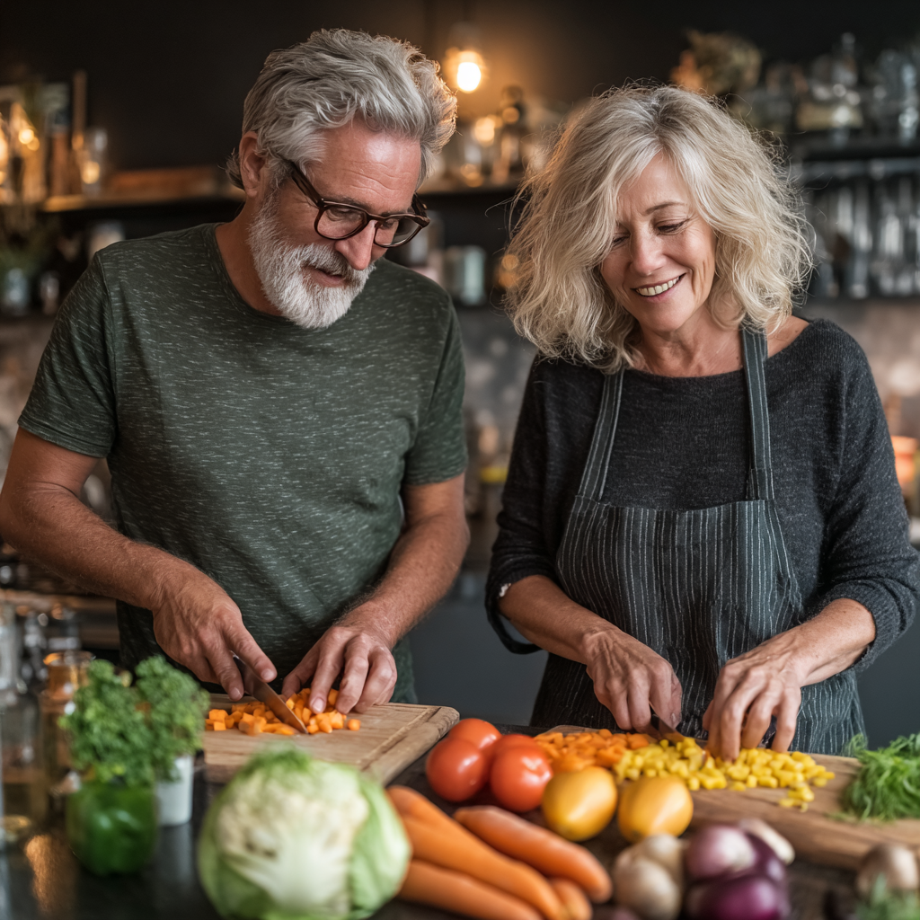 Healthy mature couple in their 50s preparing fresh nutritious meal together in a modern kitchen, smiling while chopping colorful vegetables