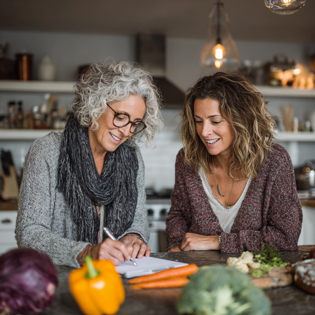 Professional nutritionist consulting with a middle-aged woman in her 40s, discussing healthy meal planning in a bright, modern kitchen setting